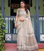 Grey printed art silk designer pallu saree