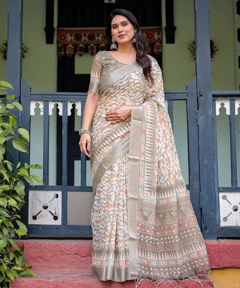 Grey printed art silk designer pallu saree