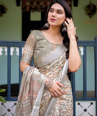 Grey printed art silk designer pallu saree 4