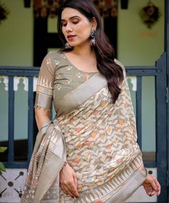 Grey printed art silk designer pallu saree 5