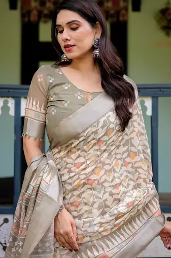 Grey printed art silk designer pallu saree