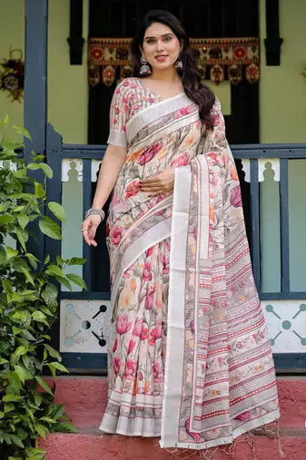 White printed art silk designer pallu saree