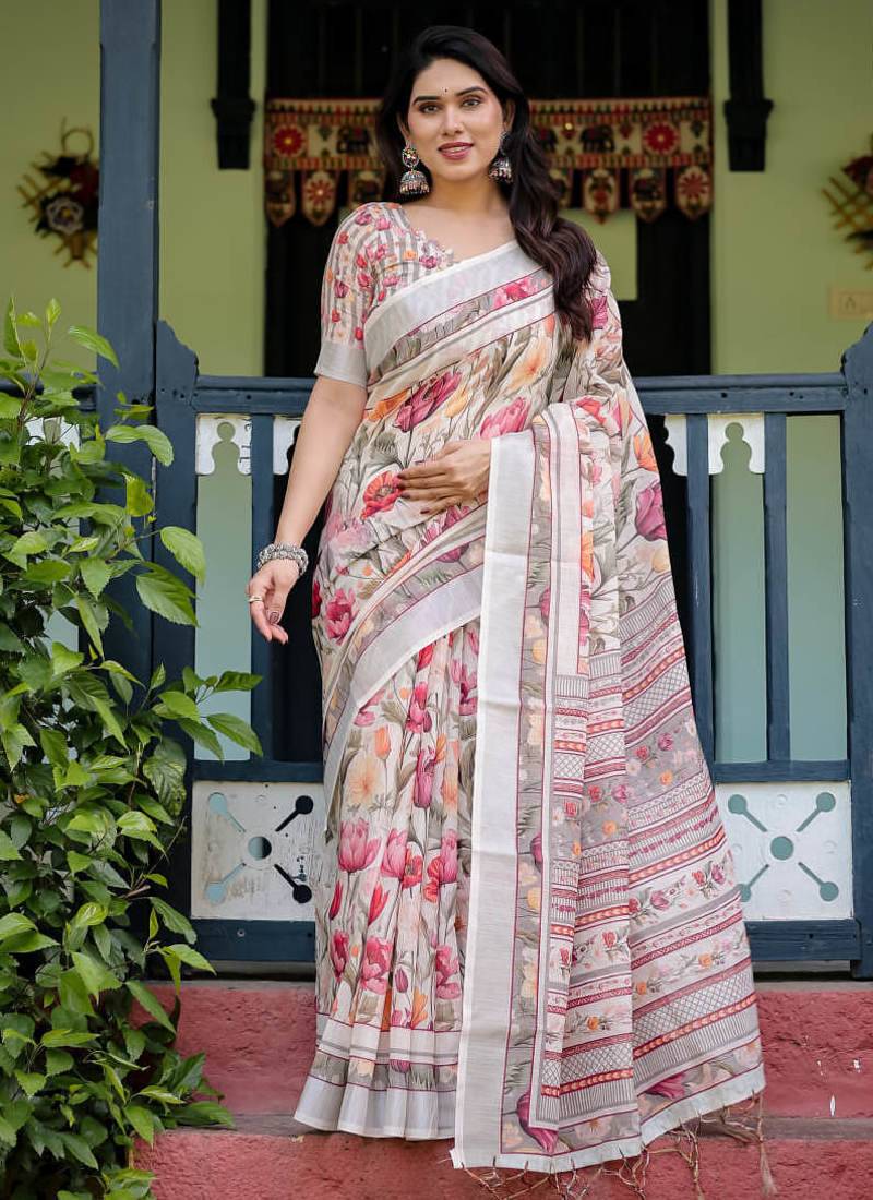 White printed art silk designer pallu saree