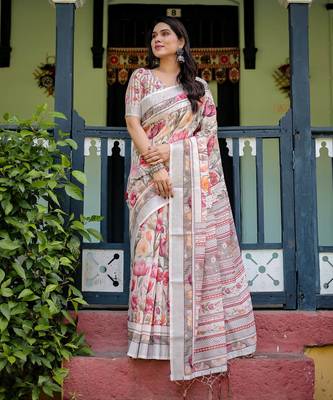 White printed art silk designer pallu saree 2