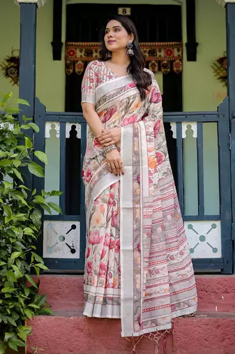 White printed art silk designer pallu saree