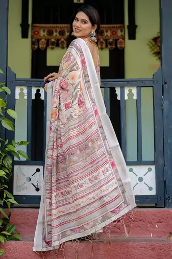 White printed art silk designer pallu saree