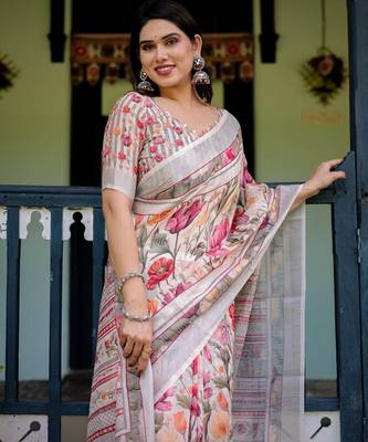White printed art silk designer pallu saree 4