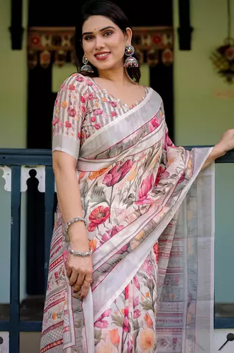 White printed art silk designer pallu saree