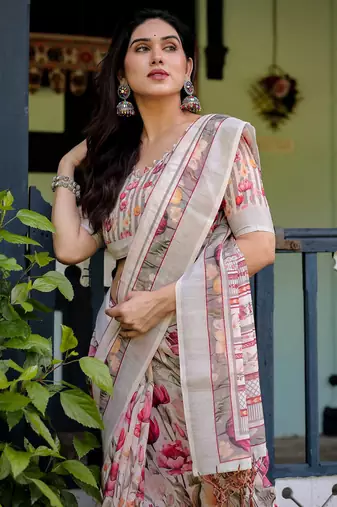 White printed art silk designer pallu saree
