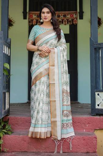 White printed art silk designer pallu saree