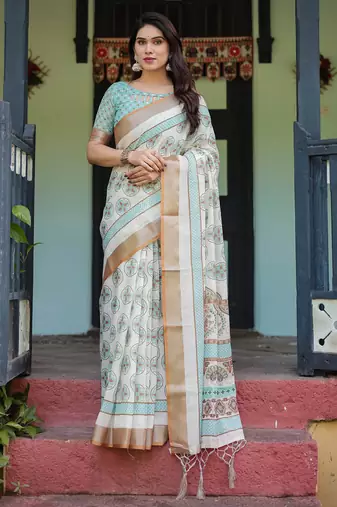 White printed art silk designer pallu saree