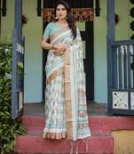 White printed art silk designer pallu saree