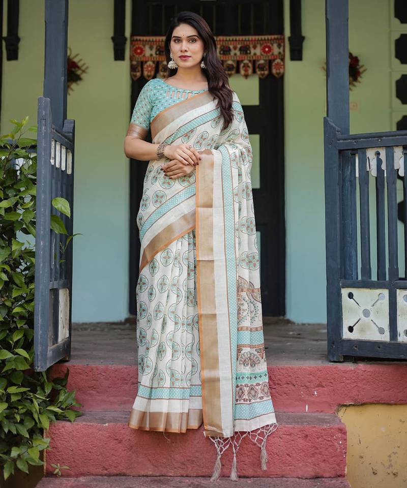 White printed art silk designer pallu saree