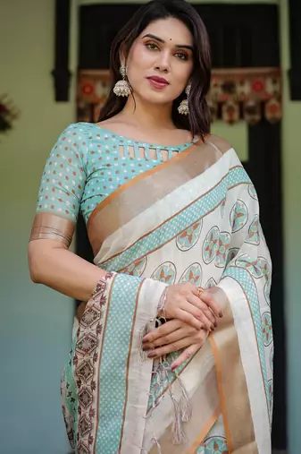 White printed art silk designer pallu saree
