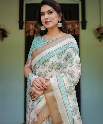 White printed art silk designer pallu saree 5