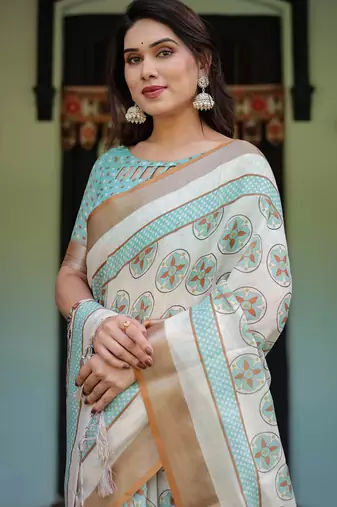 White printed art silk designer pallu saree
