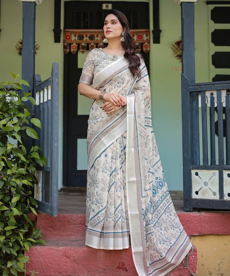 White printed art silk designer pallu saree