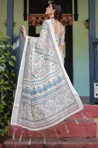 White printed art silk designer pallu saree