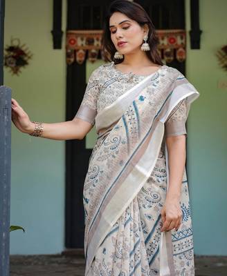 White printed art silk designer pallu saree 4