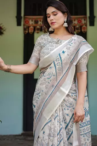 White printed art silk designer pallu saree