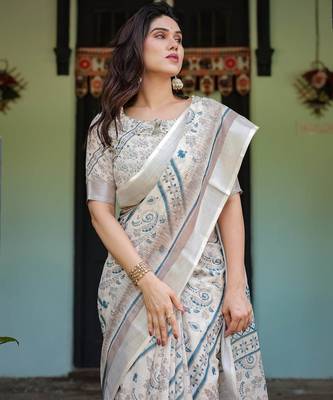 White printed art silk designer pallu saree 5