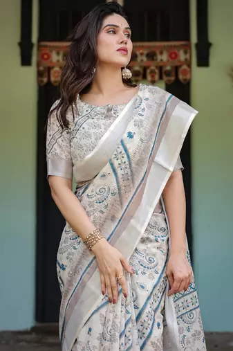 White printed art silk designer pallu saree