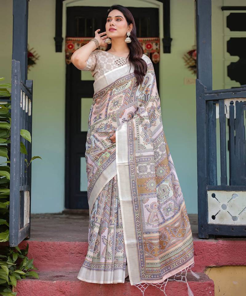 Multicolor printed art silk designer pallu saree