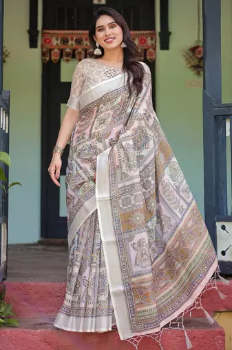 Multicolor printed art silk designer pallu saree