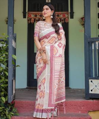 Cream printed art silk designer pallu saree 1