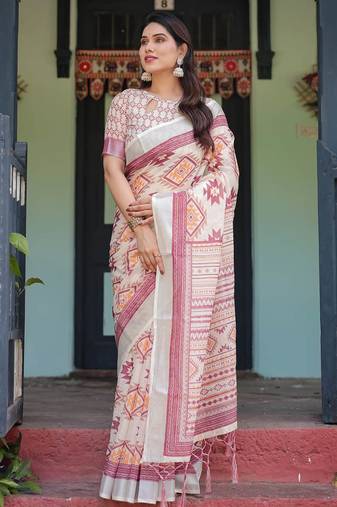 Cream printed art silk designer pallu saree