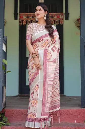 Cream printed art silk designer pallu saree