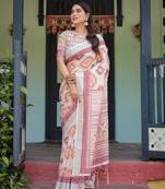 Cream printed art silk designer pallu saree