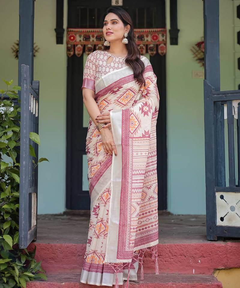 Cream printed art silk designer pallu saree