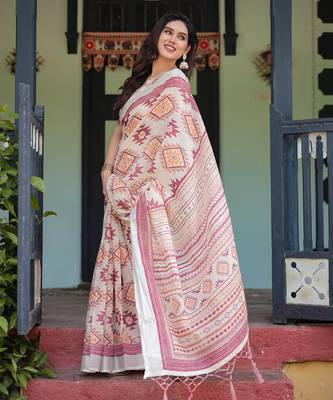 Cream printed art silk designer pallu saree 2
