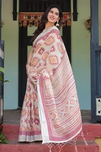 Cream printed art silk designer pallu saree