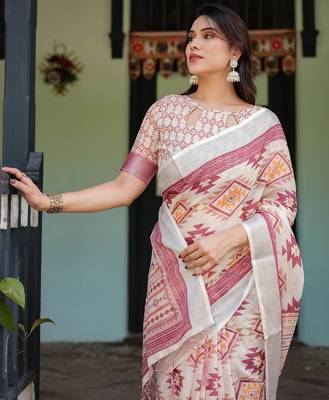 Cream printed art silk designer pallu saree 4