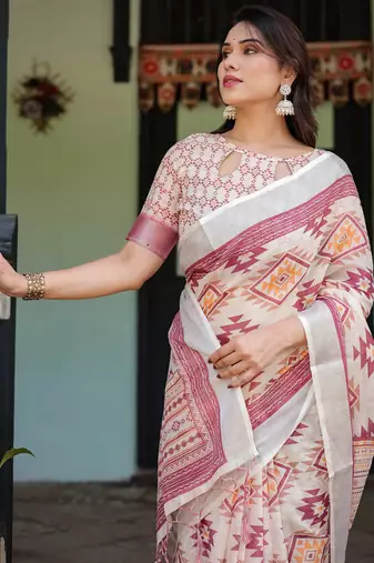 Cream printed art silk designer pallu saree