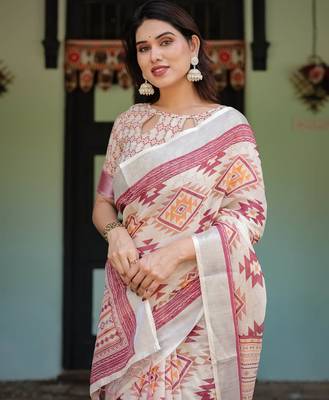 Cream printed art silk designer pallu saree 5