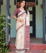 Cream printed art silk designer pallu saree
