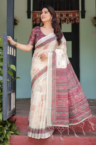 Cream printed art silk designer pallu saree