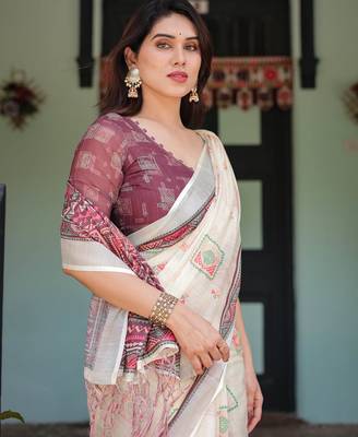 Cream printed art silk designer pallu saree 5