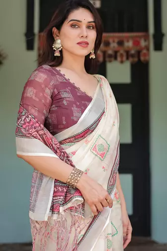 Cream printed art silk designer pallu saree