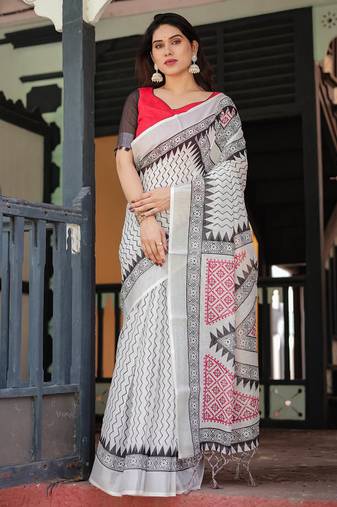 White printed art silk designer pallu saree