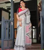 White printed art silk designer pallu saree