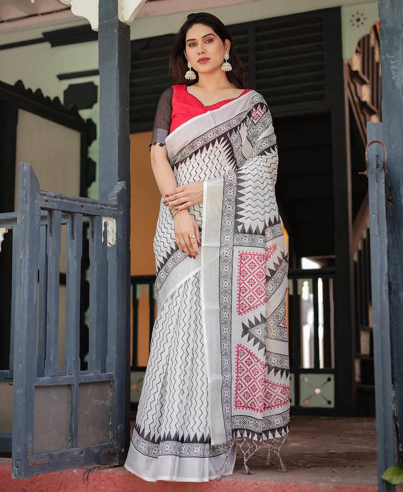 White printed art silk designer pallu saree