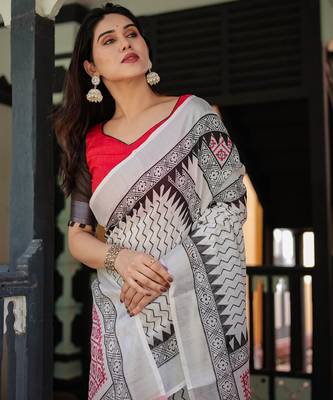White printed art silk designer pallu saree 4