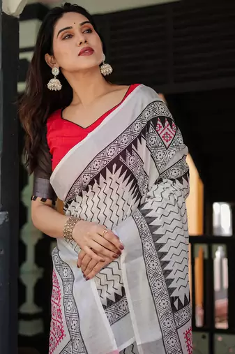 White printed art silk designer pallu saree