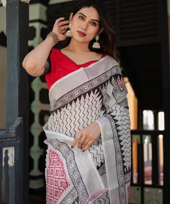 White printed art silk designer pallu saree 5