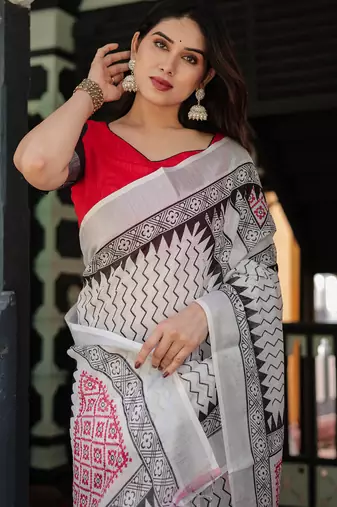 White printed art silk designer pallu saree