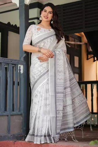 White printed art silk designer pallu saree